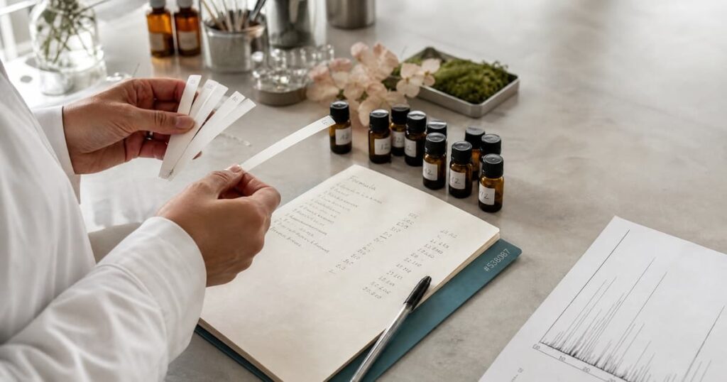 Perfumer evaluating fragrance blotters beside aroma-chemical samples, a formula sheet, and an analytical printout.