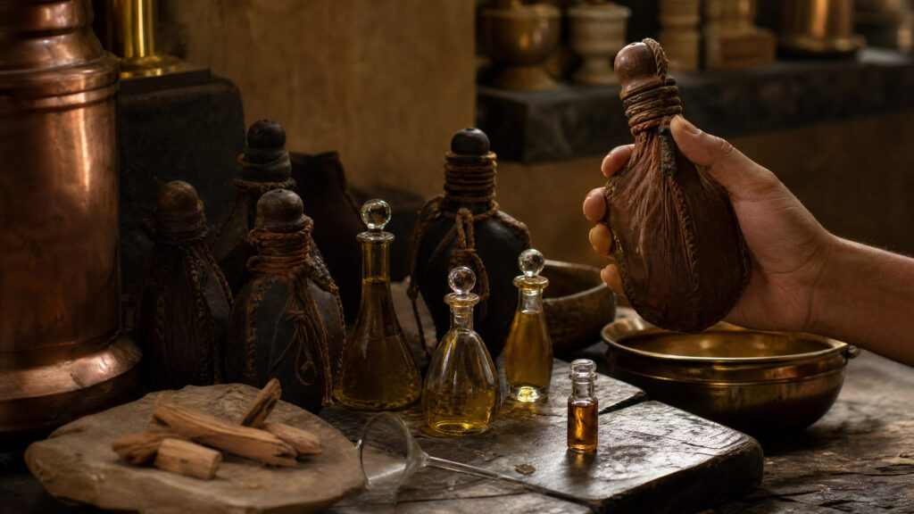 Leather kuppi bottles and glass attar bottles arranged on a wooden worktable as an artisan inspects matured fragrance