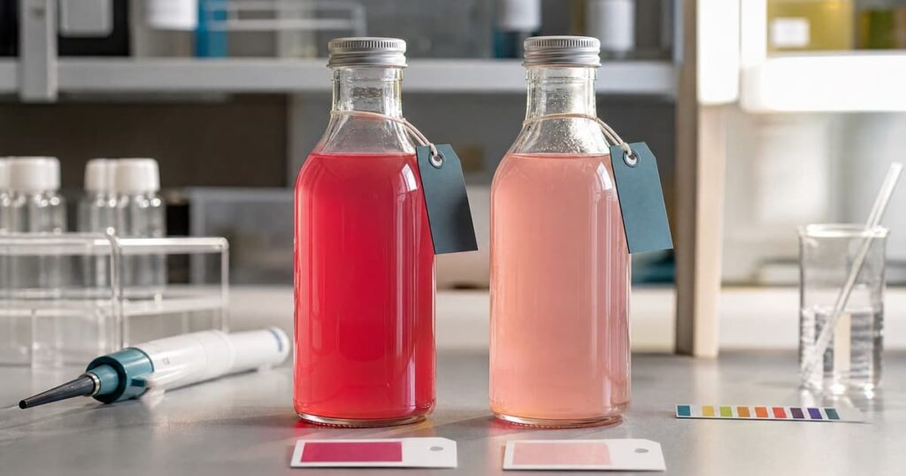 Food Colours for Beverages: A Guide to Stability, Dosage and Sourcing 2 Beverage colour before and after light and pH stress testing, showing vivid and faded red drinks.