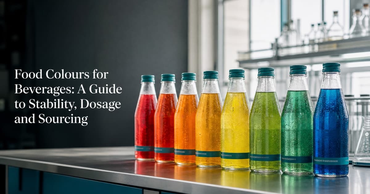 Food Colours for Beverages: A Guide to Stability, Dosage and Sourcing 1 Row of clear beverage bottles in a graded range of food-grade colours on a laboratory bench.