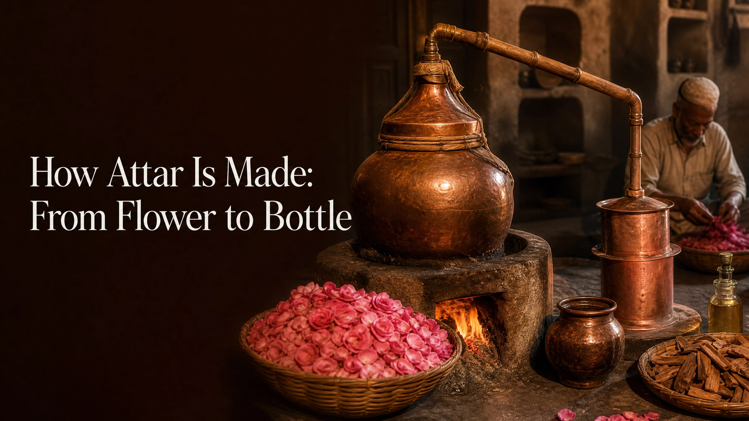 Traditional deg-bhapka attar distillation in Kannauj with a copper still, bamboo pipe, rose petals, and an artisan