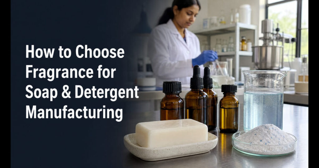 Laboratory bench with fragrance bottles, a white soap bar, liquid detergent, powder detergent, and a formulator in the background