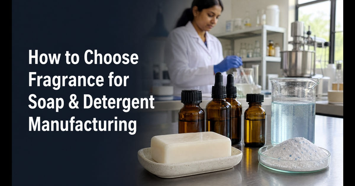 Laboratory bench with fragrance bottles, a white soap bar, liquid detergent, powder detergent, and a formulator in the background