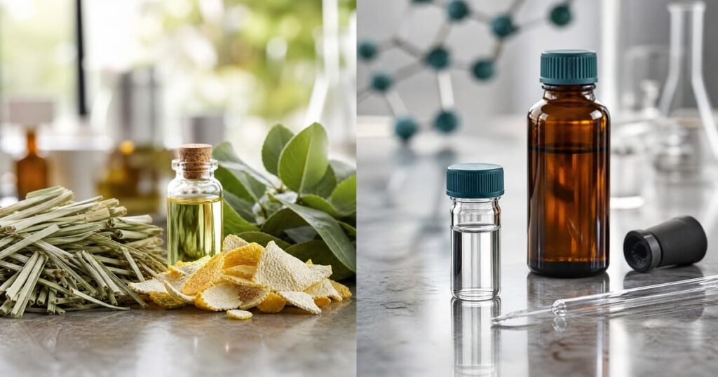Natural botanicals and essential oil beside a defined synthetic aroma-chemical bottle in a laboratory setting.