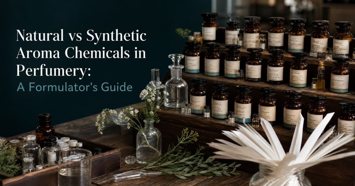 Perfumer’s organ with rows of natural and synthetic aroma-material bottles and fragrance blotters.