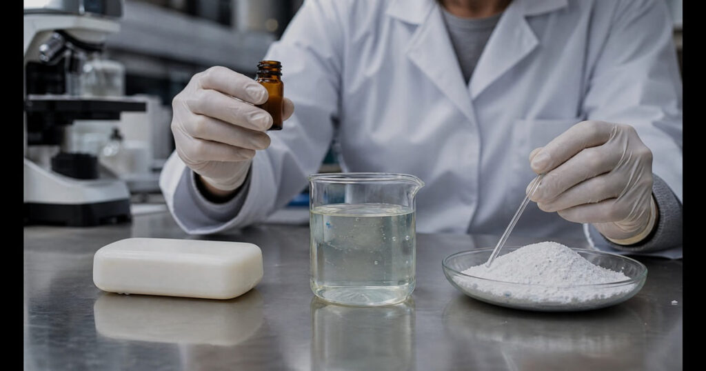 Gloved formulator comparing a soap bar, liquid detergent sample, powder detergent, and fragrance vial in a laboratory