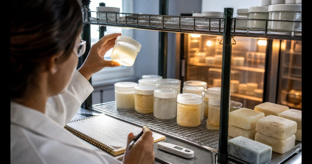 Quality-control chemist examining a detergent sample beside soap bars and storage samples in a warm testing cabinet