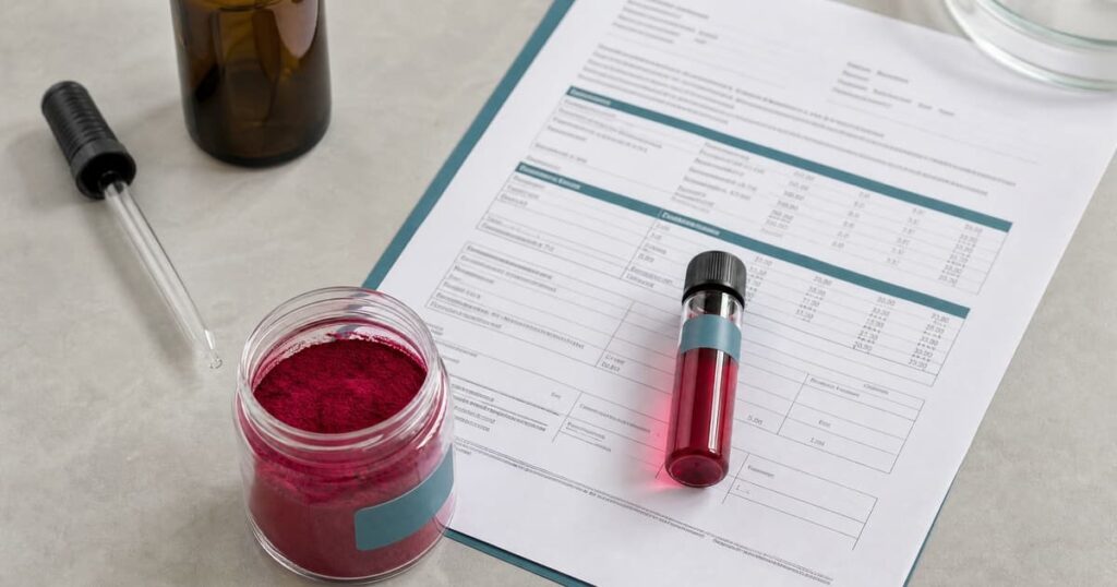 Food Colours for Beverages: A Guide to Stability, Dosage and Sourcing 3 Water-soluble food-colour sample beside a certificate of analysis and pipette for sourcing review.