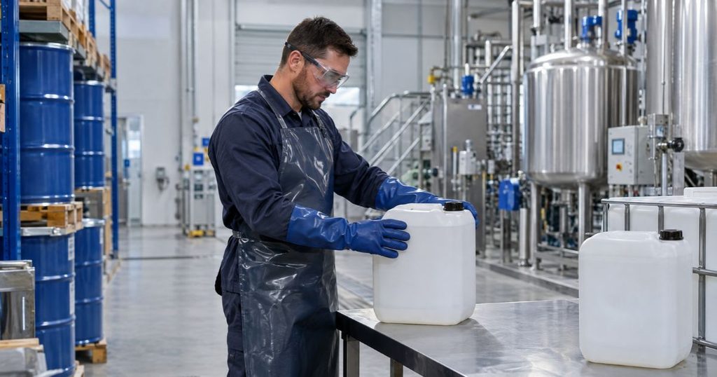 Worker wearing PPE while handling caustic soda and soap manufacturing chemicals safely