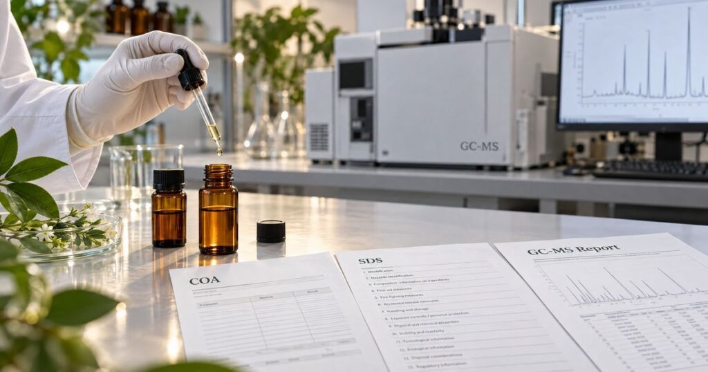 Essential Oils in Cosmetics: Sourcing Pure, Tested Oils 2 Essential oil sample vials beside COA, SDS and GC-MS analytical reports in a laboratory