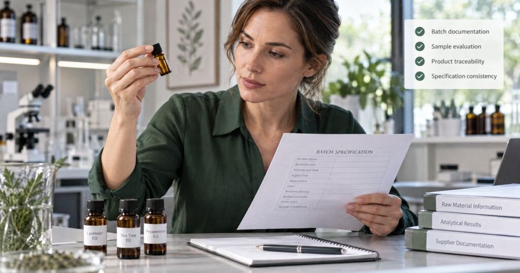 Essential Oils in Cosmetics: Sourcing Pure, Tested Oils 3 Cosmetic ingredient buyer inspecting an essential oil sample and reviewing supplier quality documents
