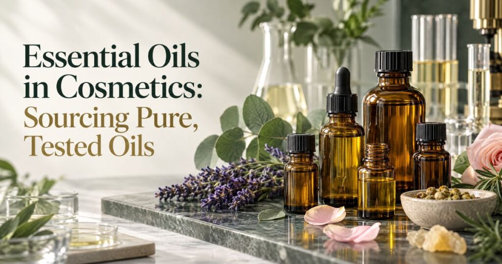 Amber essential oil bottles with lavender, eucalyptus and rose botanicals for cosmetic formulations