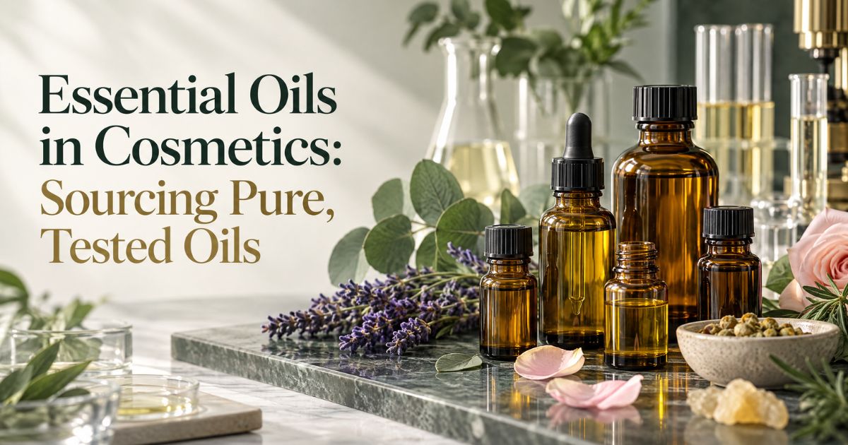 Essential Oils in Cosmetics: Sourcing Pure, Tested Oils 1 Amber essential oil bottles with lavender, eucalyptus and rose botanicals for cosmetic formulations