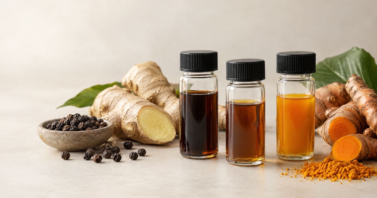 Spice Oleoresins: Uses, Grades & Export Considerations 1 Spice oleoresin samples alongside whole black pepper, ginger, and turmeric